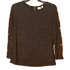 Chico’s Black Lace Long Sleeve Blouse Top Size 2 (L/XL) Elegant Stretch
